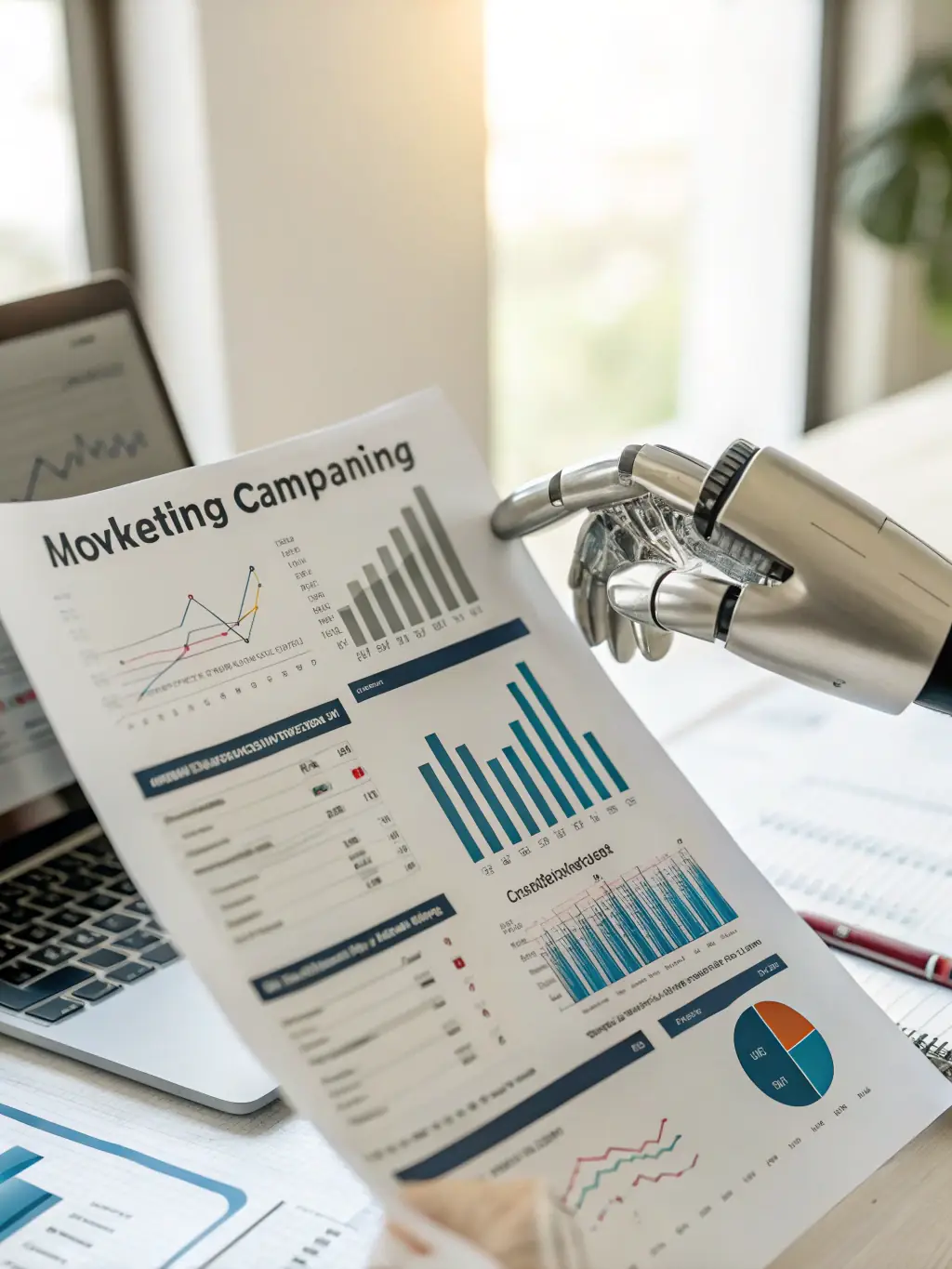 A robot arm holding a marketing report, symbolizing AI's role in automating marketing tasks and reporting.