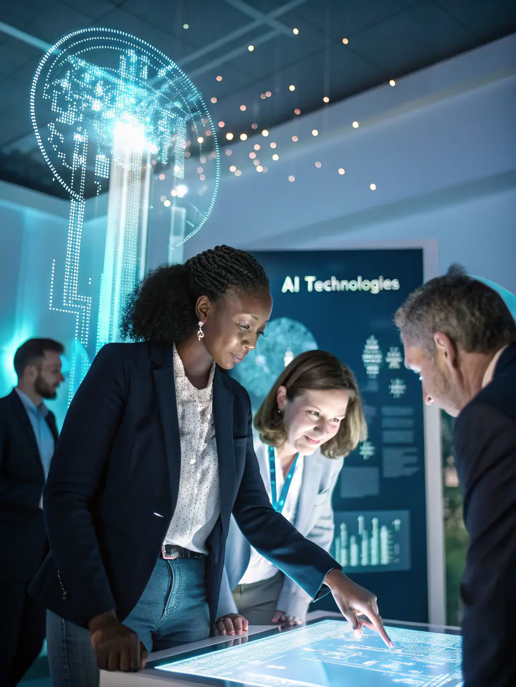 A diverse group of people collaborating around a holographic display showing AI-generated marketing insights.