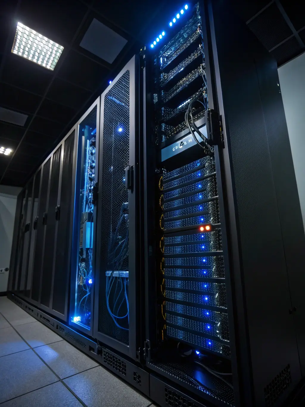 A close-up shot of a server room with glowing lights and data streams, symbolizing the AI infrastructure powering Strix's services.