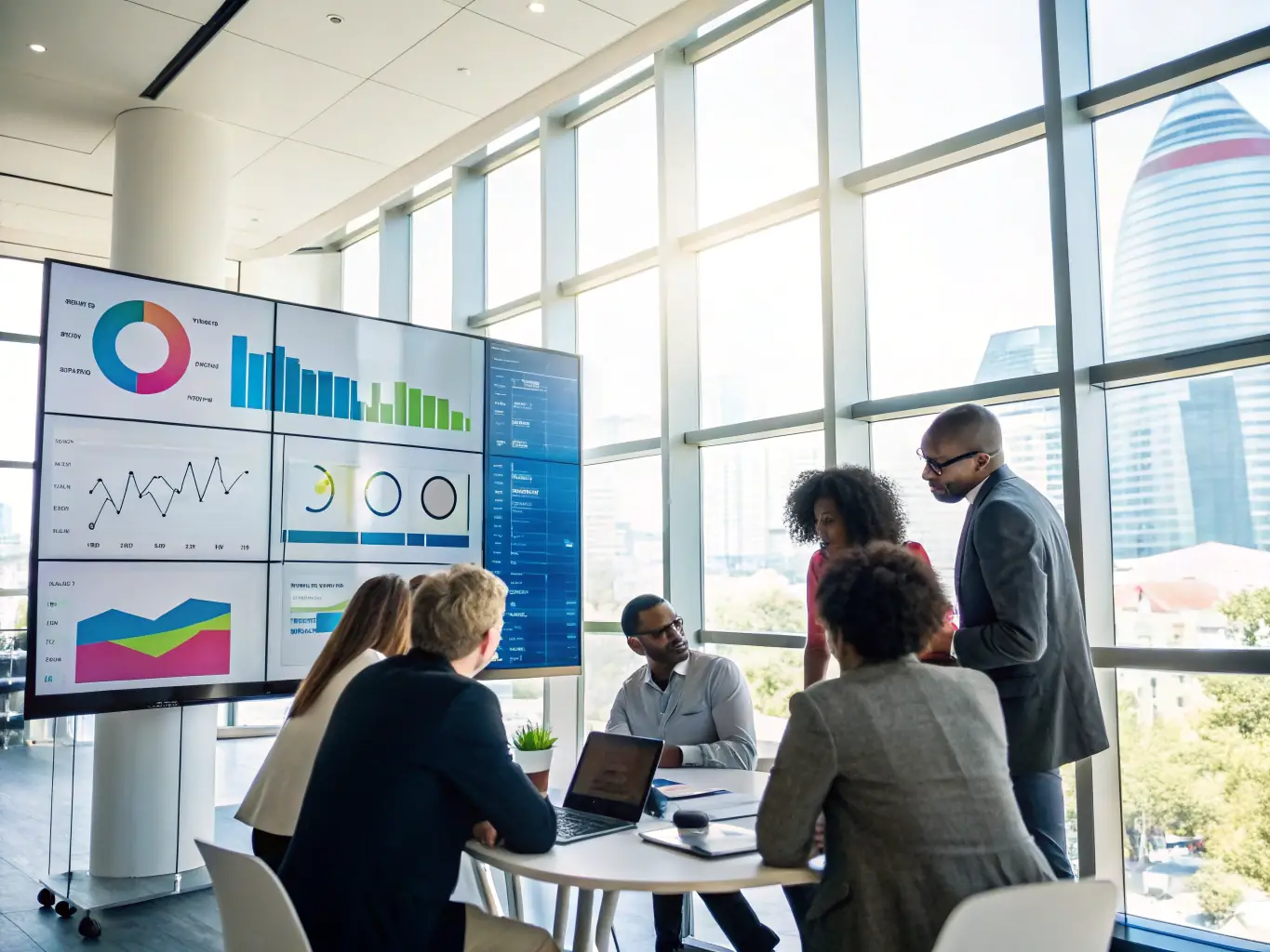 An image showing a diverse team of marketing professionals collaborating around a digital dashboard, illustrating the collaborative and data-driven nature of Strix's services.