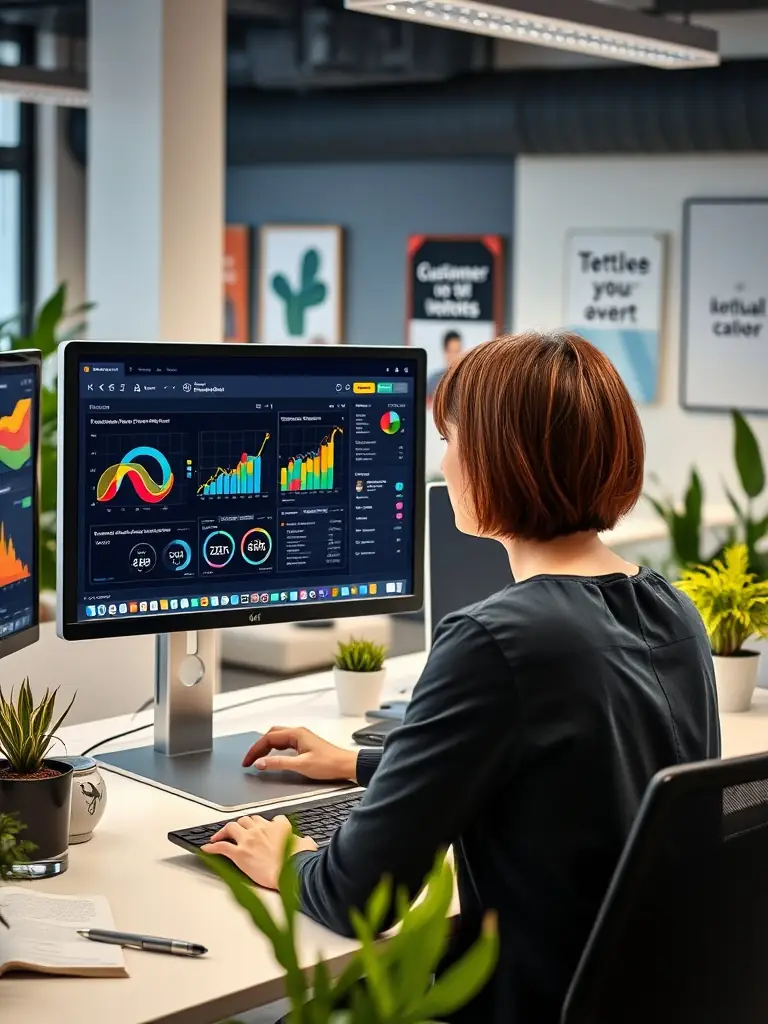 A professional photograph showcasing a data analyst working with AI-driven marketing analytics dashboards, visualizing campaign performance and insights for Strix.